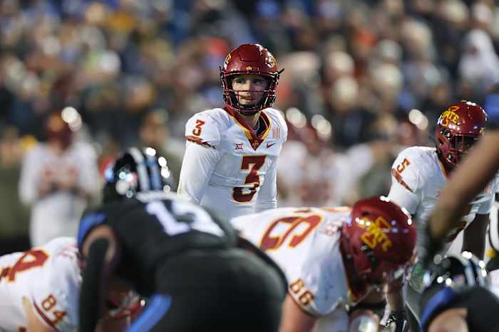 Iowa State Cyclones quarterback Rocco Becht (3) calls a play against the Brigham Young Cougars in the first half at LaVell Edwards Stadium.